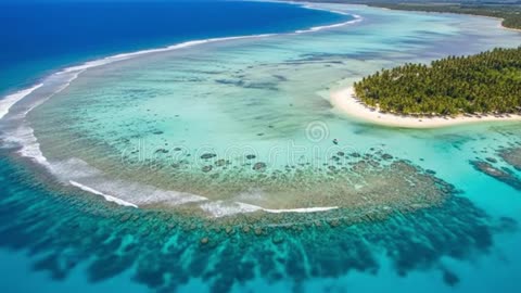 Aerial Drone View of Breathtaking Tropical Island and Coral Reef Lagoon.