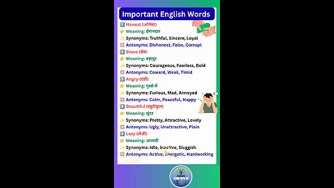 Important English Words with Hindi Meaning, Synonyms & Antonyms #english #vocabulary #shorts