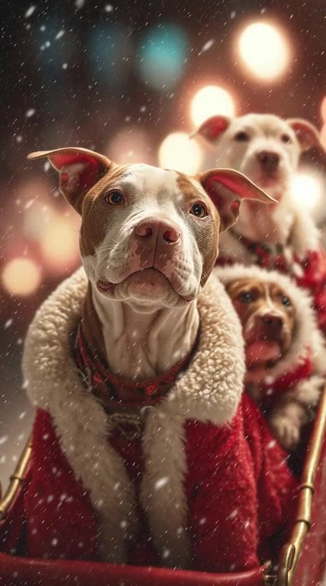Pitbull in a cute fluffy Santa coat with pups