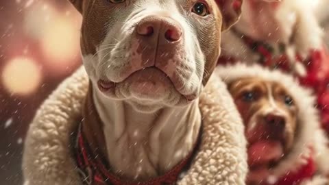 Pitbull in a cute fluffy Santa coat with pups