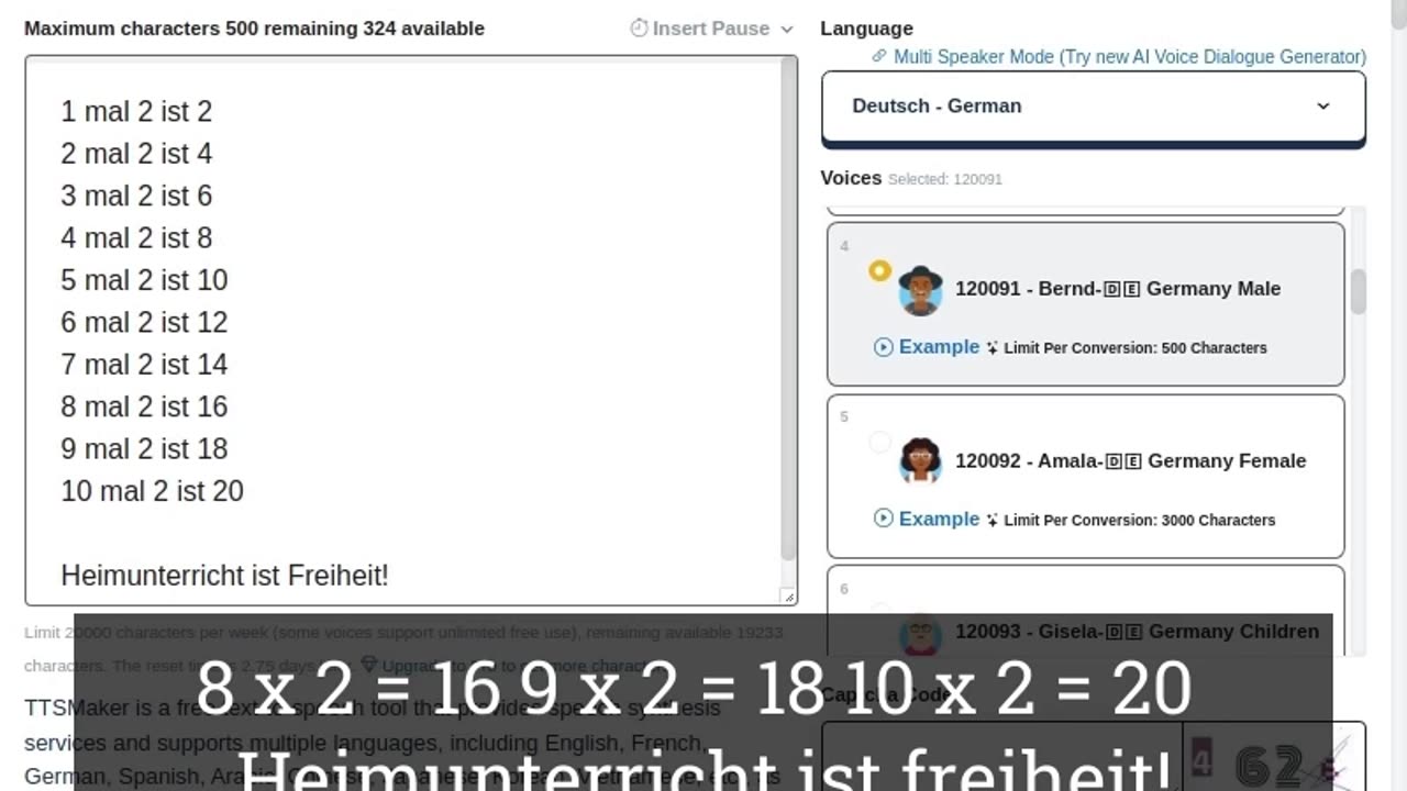 Tabelle von Zwei auf Heimunterricht ist Freiheit