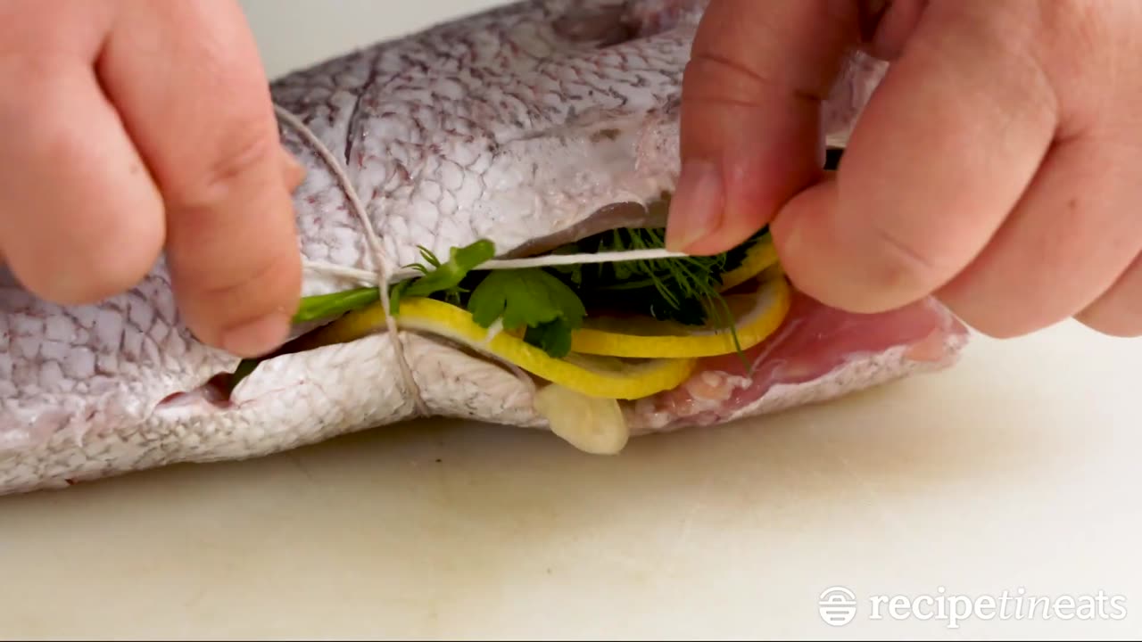 Whole Baked Fish - Herb Stuffed, with Garlic Butter Dill Sauce