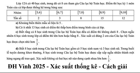 ĐH Vinh 2025: Lớp 12A có 40 học sinh, trong đó có 8 em tham gia Câu lạc bộ Toán học. Điểm thi học kỳ