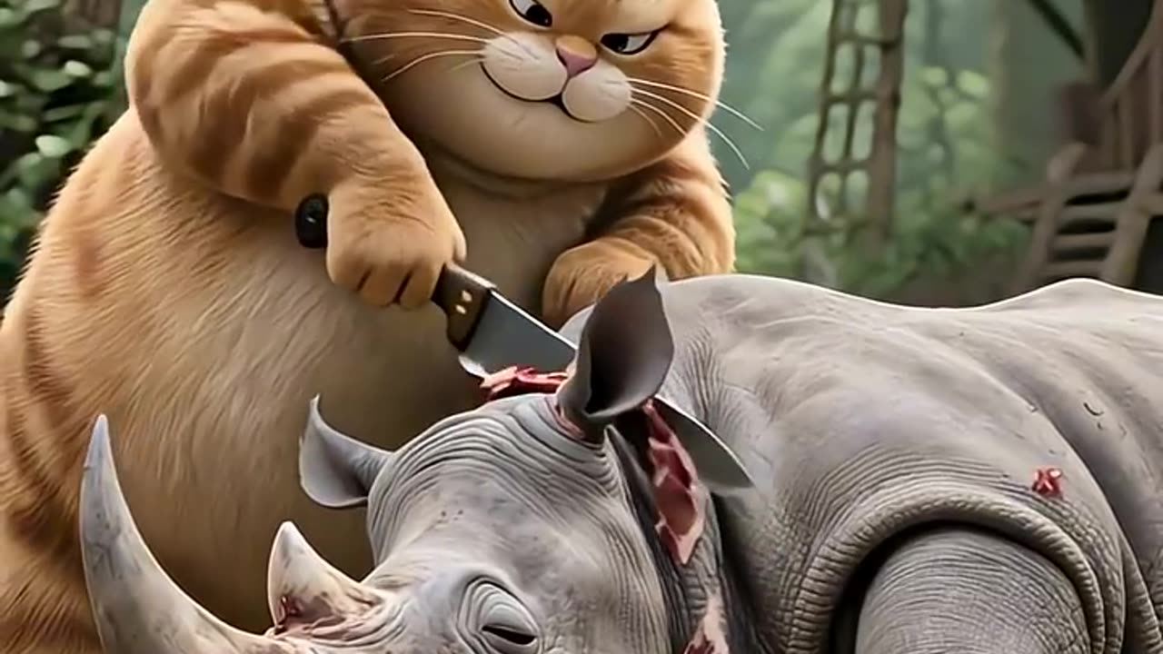 The fat orange cat called his cousin for help.
