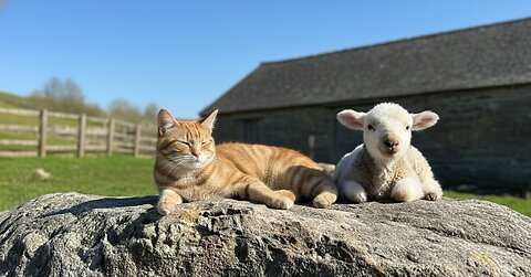 🐑😂 Cute and Funny Little Lamb Chilling With Cat 🐱☀️ #funny #viral #cat #cute #pets