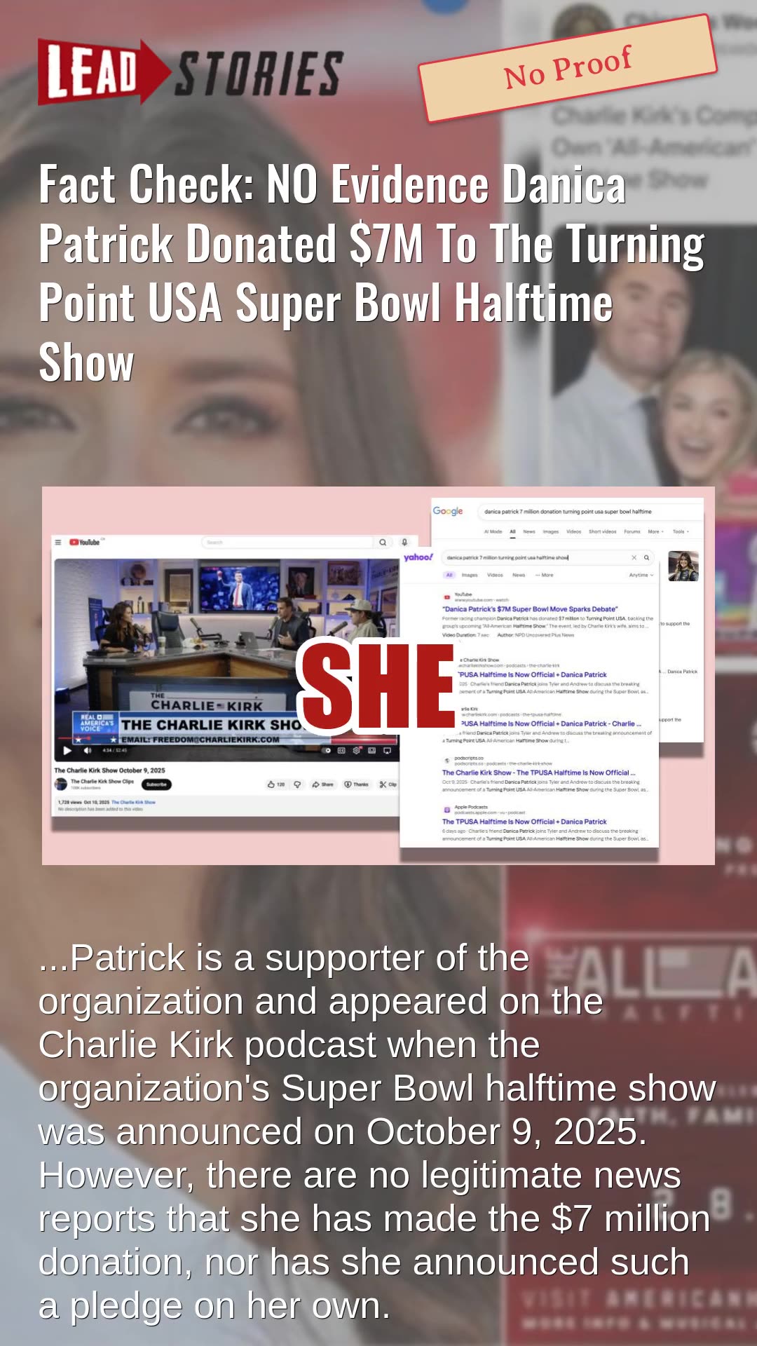 Fact Check: NO Evidence Danica Patrick Donated $7M To The Turning Point USA Super Bowl Halftime Show