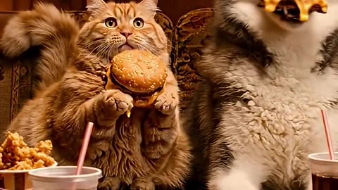 Cat invites husky for a burger feast
