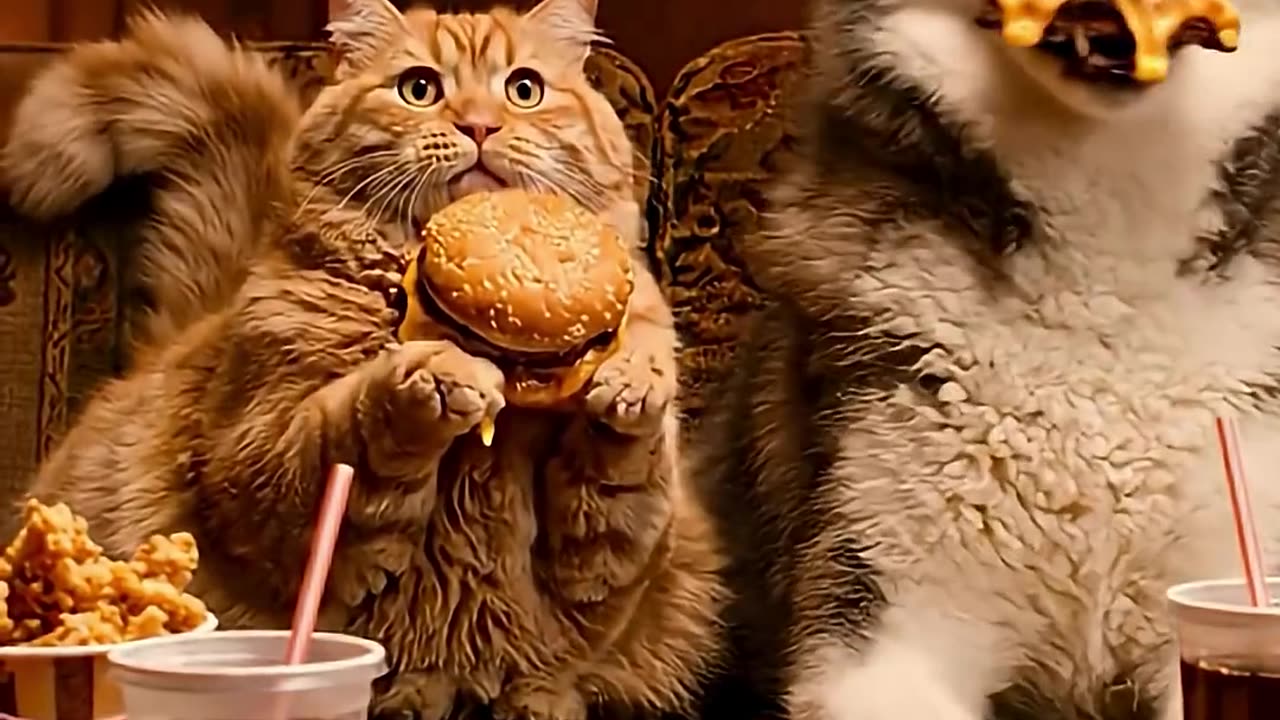Cat invites husky for a burger feast