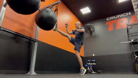 1/1/26: At age 72, my bag workouts continue at Crunch Fitness in Acworth, GA. Axe Kick Push