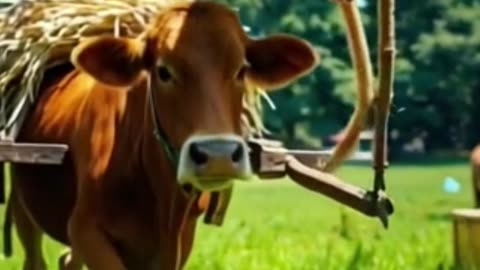 Hardworking Cow Pulls Hay Cart While Mischievous Monkey Watches | Adorable Farmyard Moments! #trend