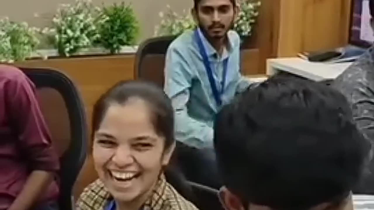 The girl listening to desi music in old uncle's office secretly removed the headphones fon