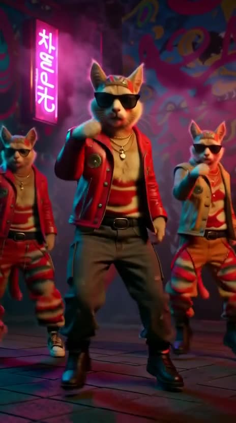 Hyper-realistic female cats performing a Thriller-style dance routine on neon-lit Korean street