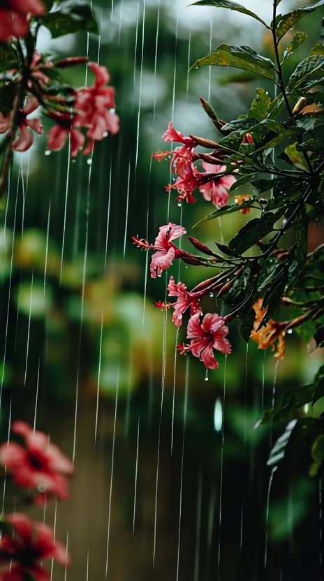 a rain falling on beautiful flowers patela in slow motion. Beautiful village setup