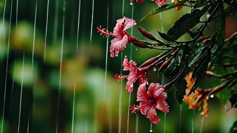 a rain falling on beautiful flowers patela in slow motion. Beautiful village setup