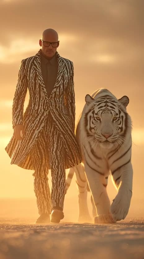 THIS IS AI VIDEO: White Tiger Sunset Stroll (8K Hyperreal)