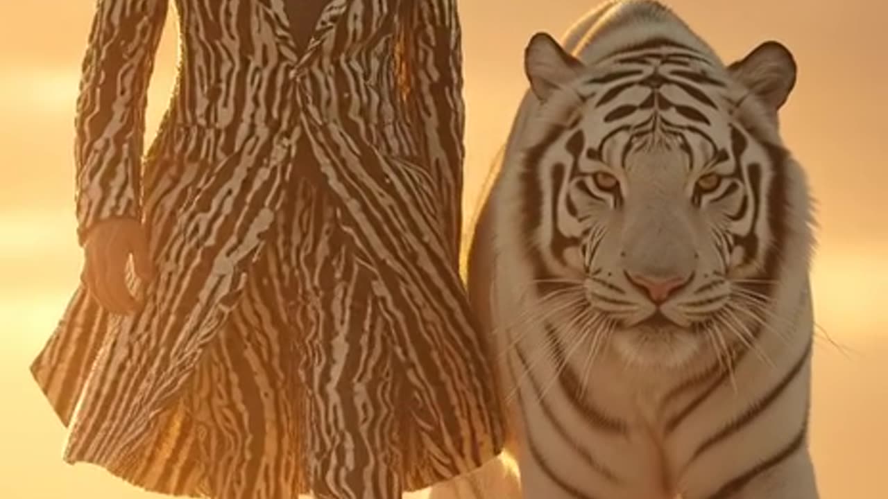 THIS IS AI VIDEO: White Tiger Sunset Stroll (8K Hyperreal)