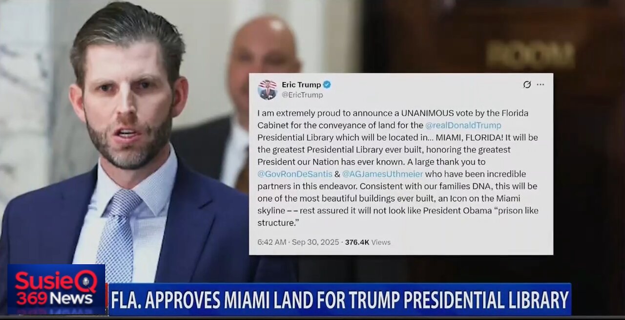 FLORIDA APPROVES MIAMI LAND FOR TRUMP PRESIDENTIAL LIBRARY