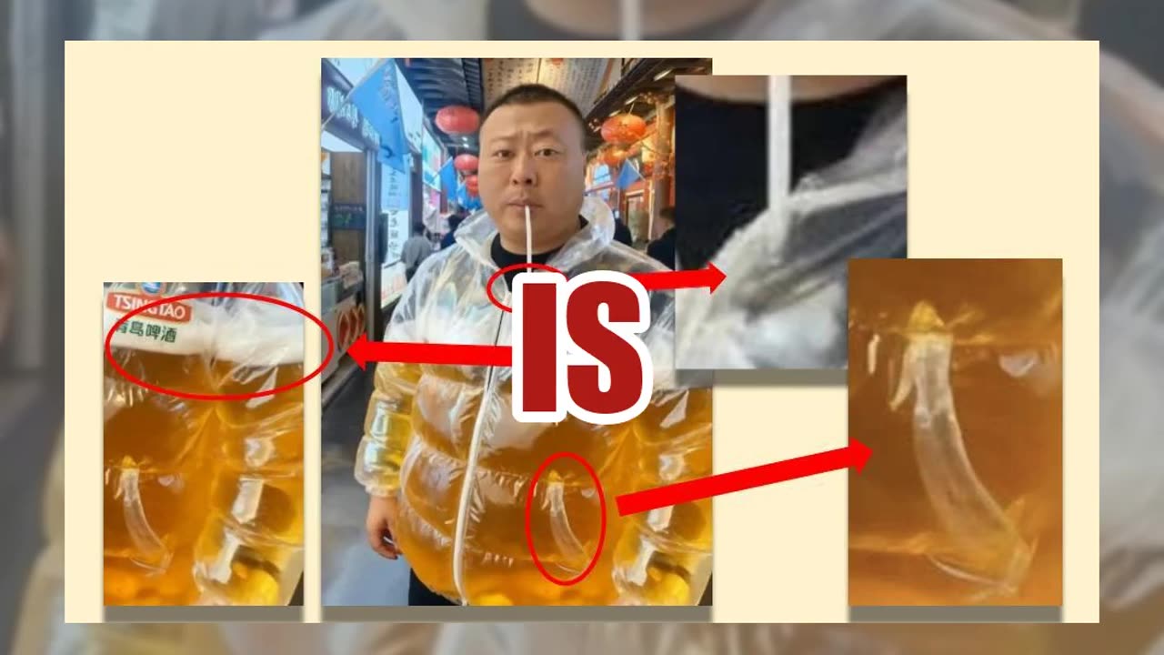 Fact Check: Photo Does NOT Show A Real Tsingtao Beer-Filled Puffer Parka With A Straw -- AI Image