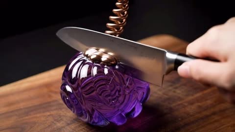 ✨ Watch the magic unfold as she cuts through a stunning purple glass fruit 💜