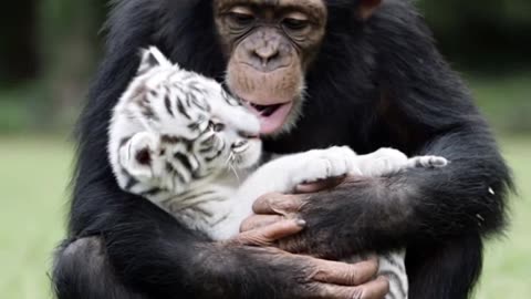 "Rare Moment of Tenderness: Chimp Shows Love to Baby White Tiger"