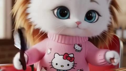 😍 cute white kitten with soft, fluffy fur and bright blue eyes stands on a red barber chair, 💕❤️