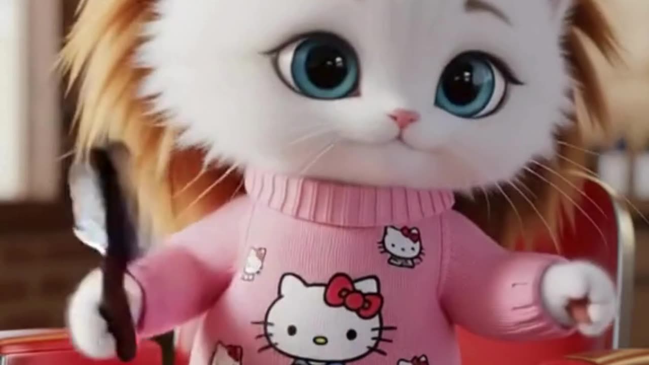 😍 cute white kitten with soft, fluffy fur and bright blue eyes stands on a red barber chair, 💕❤️