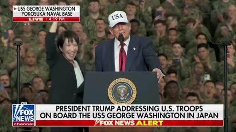 POTUS welcomes Japanese Prime Minister Takaichi on stage aboard USS George Washington.