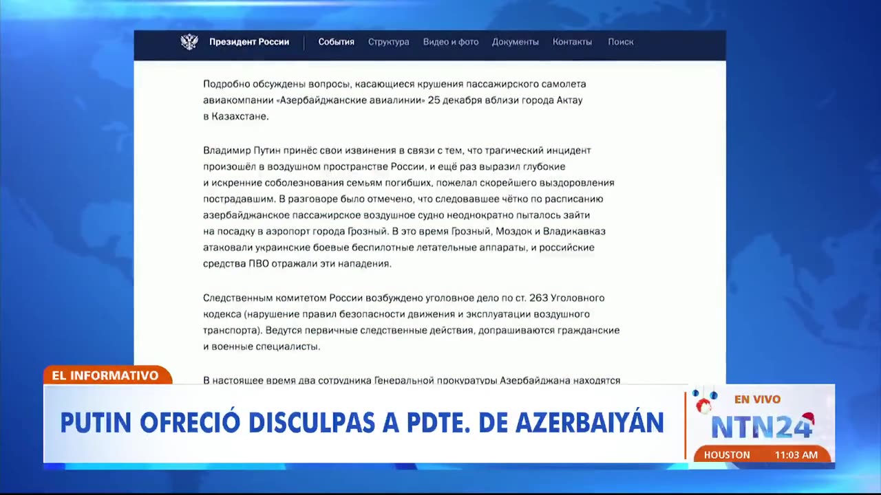 Putin admite que el sistema antiaéreo ruso estaba activo en el siniestro de avión de Azerbaiyán