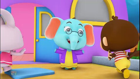 Elephant and children dancing and having fun.