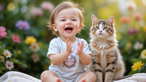 Happy Baby and Adorable Cat Share Joy in Flower Garden