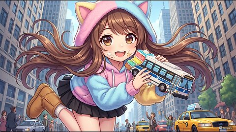 Giant Anime girl with a cat Ear Hoodie Eatting a MTA Bus MadeOut of Cake