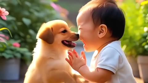 Cute baby and dog play laughing 😆