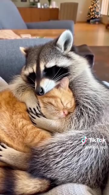 A friendship story between🙃 a raccoon and a cat