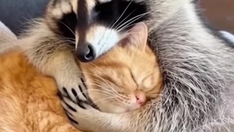 A friendship story between🙃 a raccoon and a cat