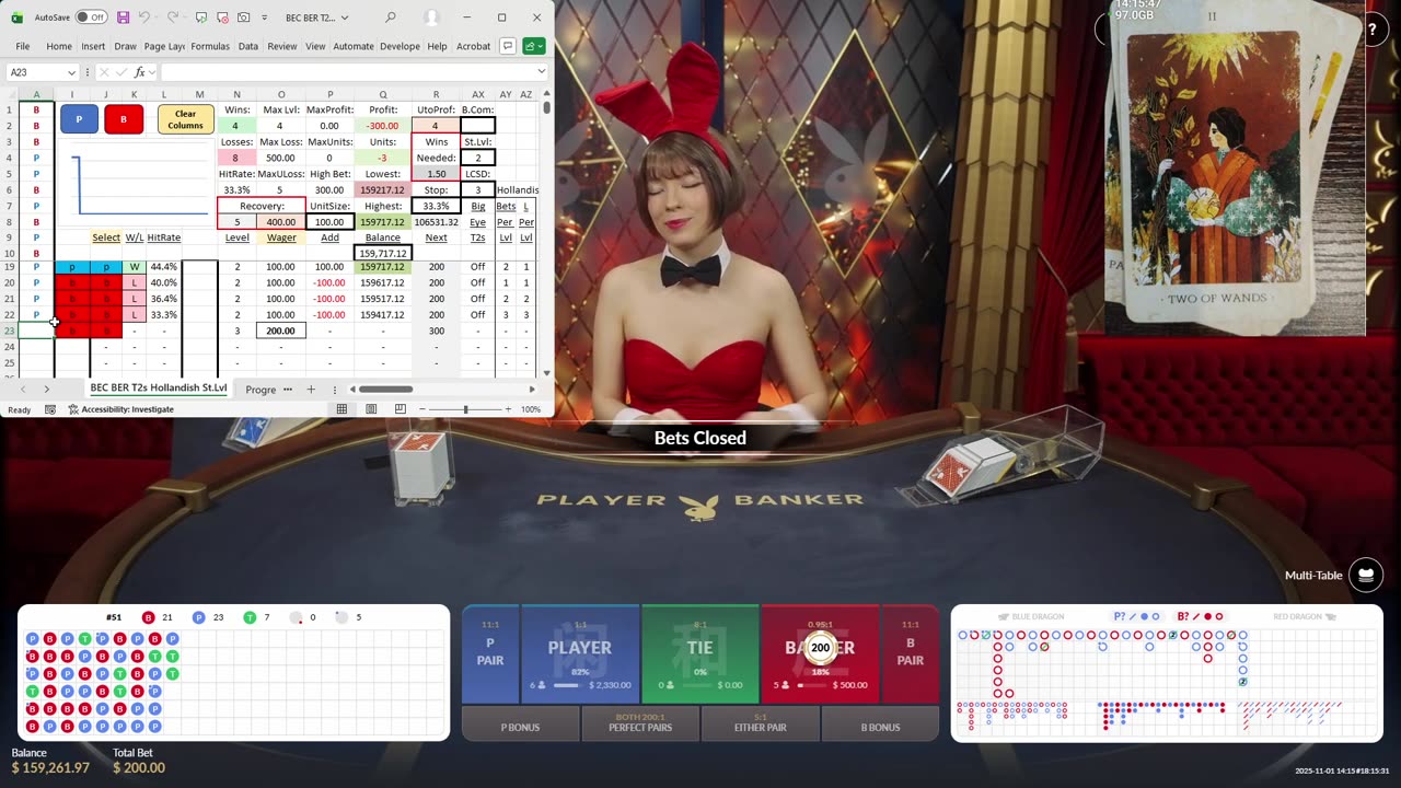 Baccarat - 10 units, 39 minutes, 50% HR, 5 unit drawdown, to level 5, Tarot 50 BS, Hollandish MM
