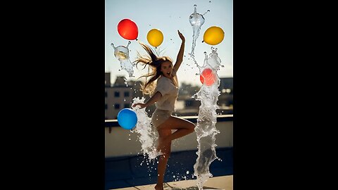 A young woman in dynamic motion on a rooftop