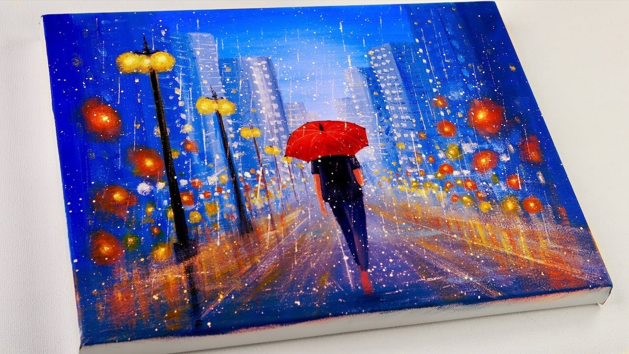 How to Draw a Girl Walking in the Rain _ Acrylic Painting Tutorial _ Painting For Beginners