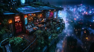 Sky Lounge Cafe: Reflections Over the Electric Cityscape | Rain and Ambient Music | 4K | 10 hours