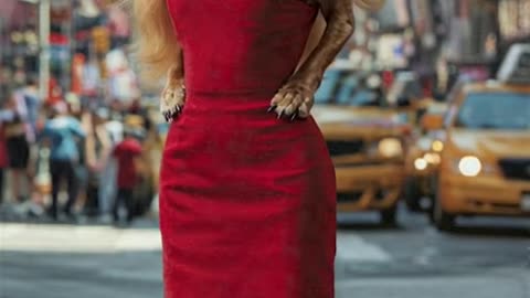A dachshund with a woman's body, very long blonde hair almost to her waist in a 1950s pin-up style