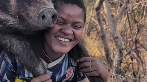 Hadzabe Tribe woman success hunting BushPig