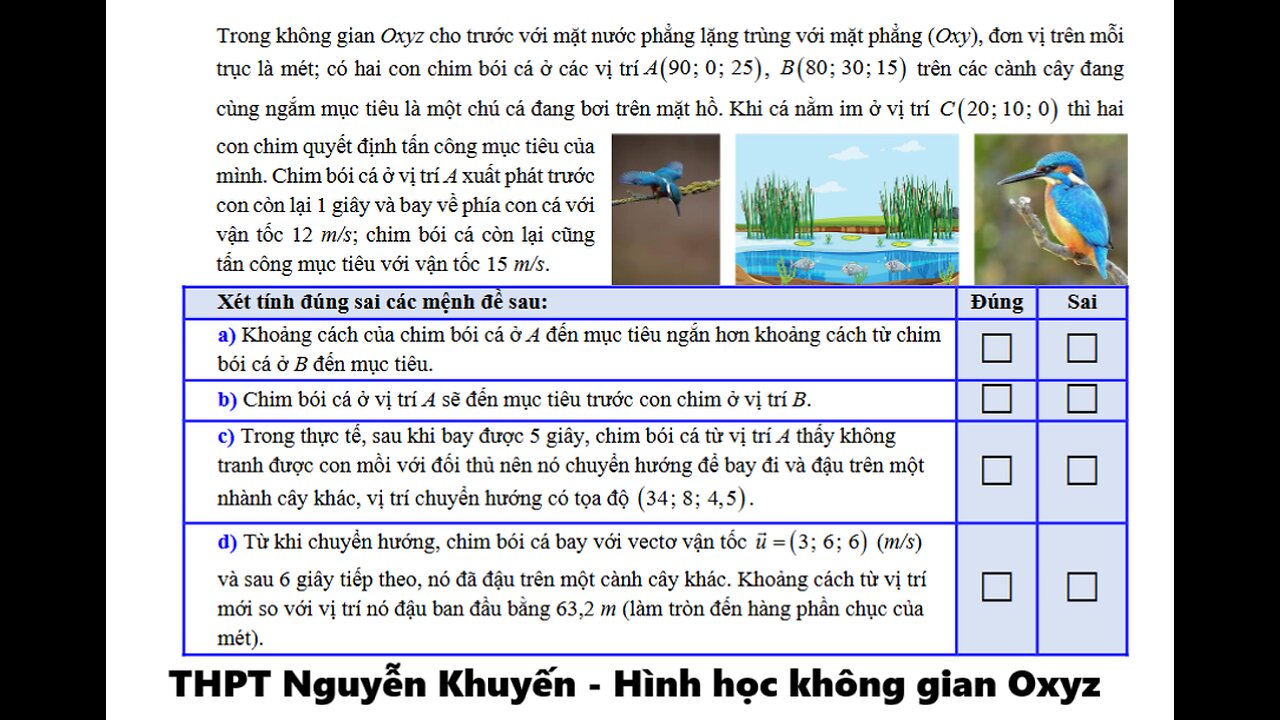 THPT Nguyễn Khuyến 2026: Trong không gian Oxyz cho trước với mặt nước phẳng lặng trùng với mặt phẳng