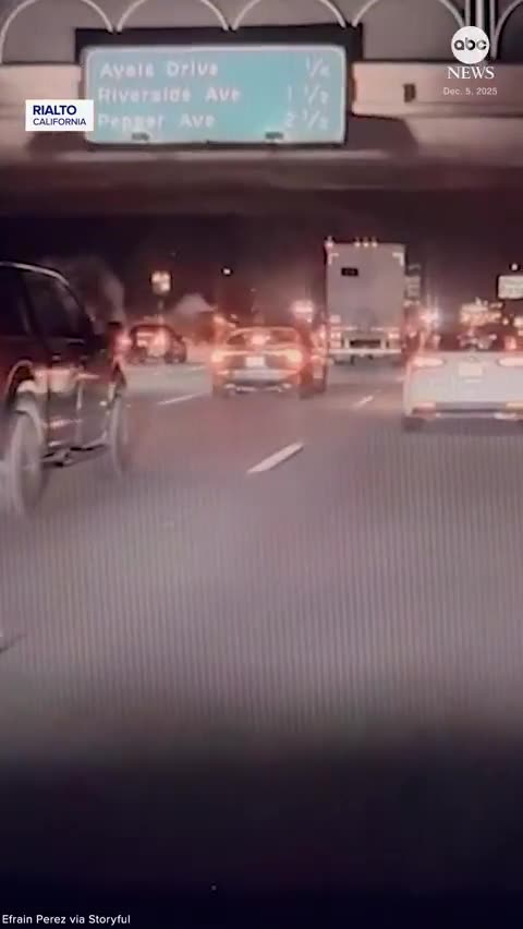 Dashcam footage shows a truck plunging off an overpass onto a freeway in Rialto, California