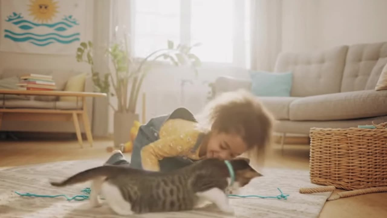A cat playing with a child