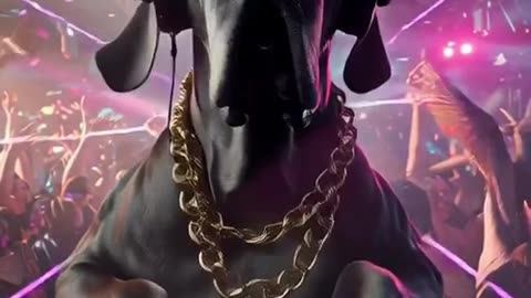 A hyper-realistic, cinematic nightclub scene featuring a Great Dane DJ