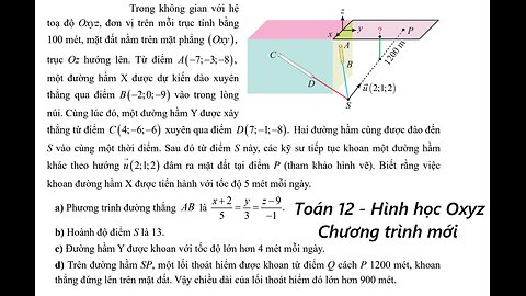 Trong không gian với hệtoạ độ Oxyz, đơn vị trên mỗi trục tính bằng 100 mét, mặt đất nằm trên mặt