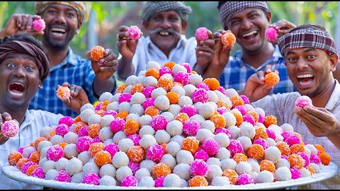 colourful sweet/coconut laddu recipe cooking in village