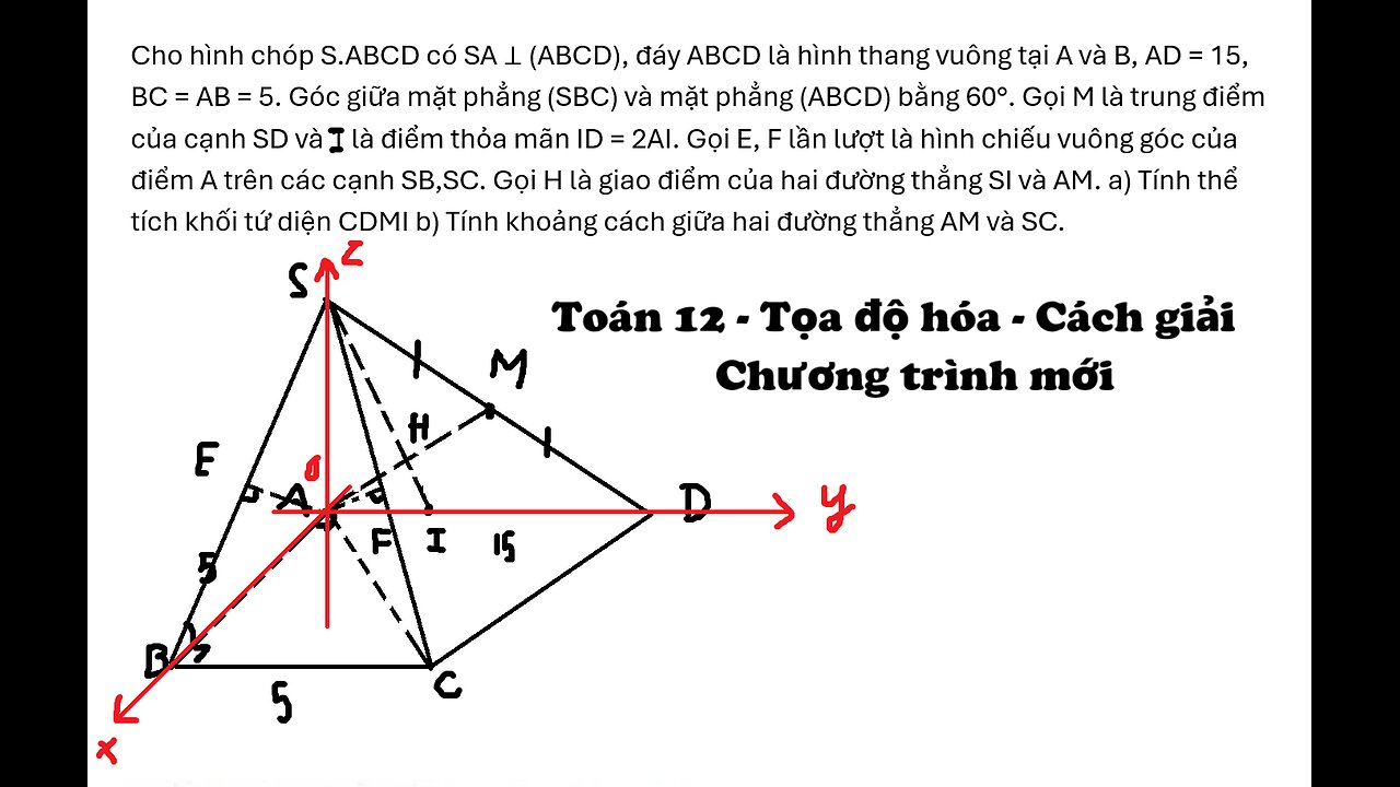 Toán 11: Tọa độ hóa: Cho hình chóp S.ABCD có SA ⊥ (ABCD), đáy ABCD là hình thang vuông tại A và B