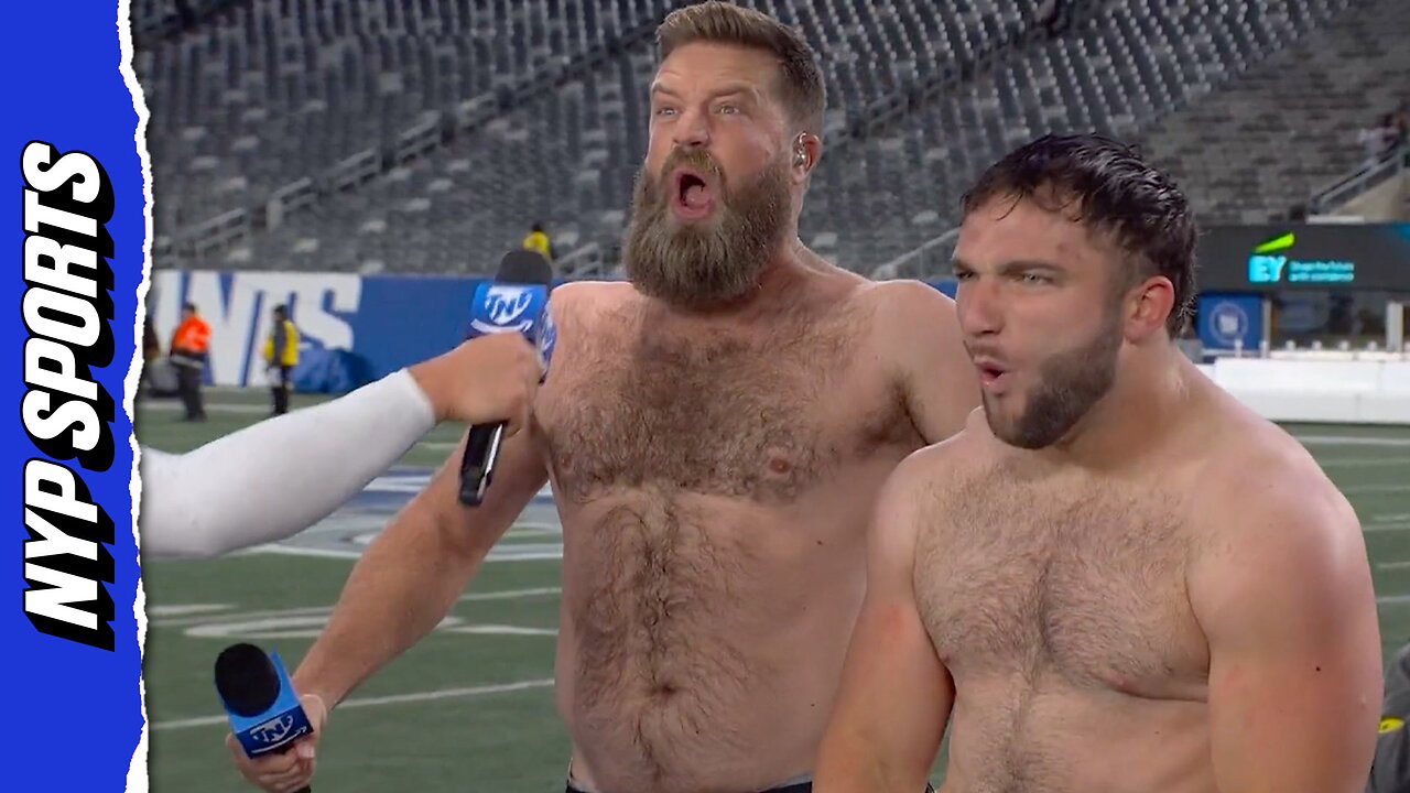 Giants Cam Skattebo strips off shirt with Ryan Fitzpatrick in BONKERS postgame scene