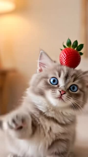 Kitten Balancing Strawberry on it's head