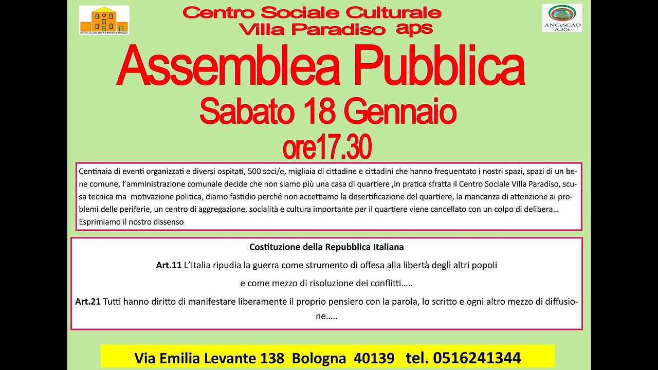 Bologna 18.01.2025 - Villa Paradiso Centro sociale e culturale - Assemblea Pubblica Pt. 1